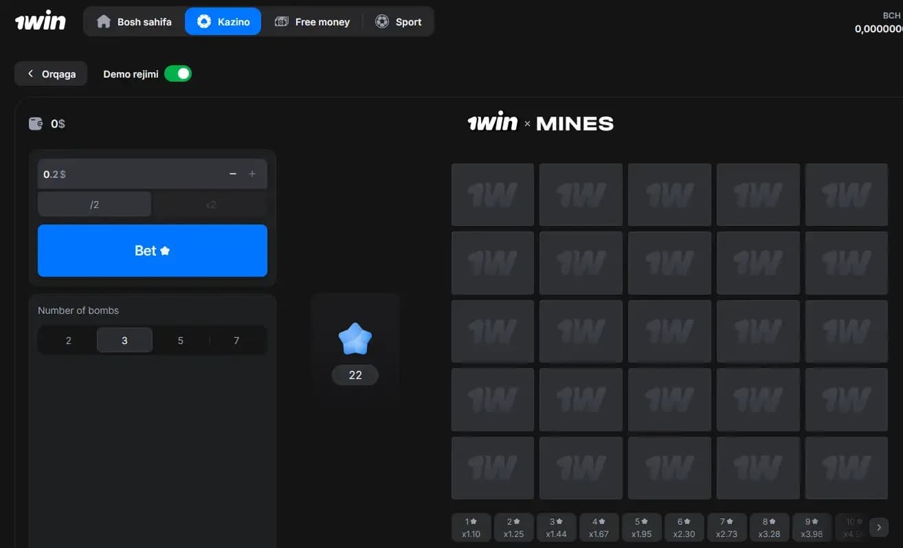 Mines'dagi garov menyusi va maydoni