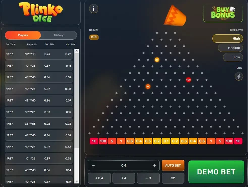 Plinko Dice o'yinini boshlash