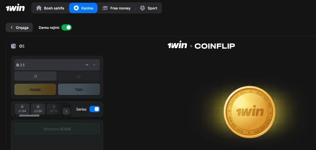 CoinFlip'ning tikish menyusi va Coin