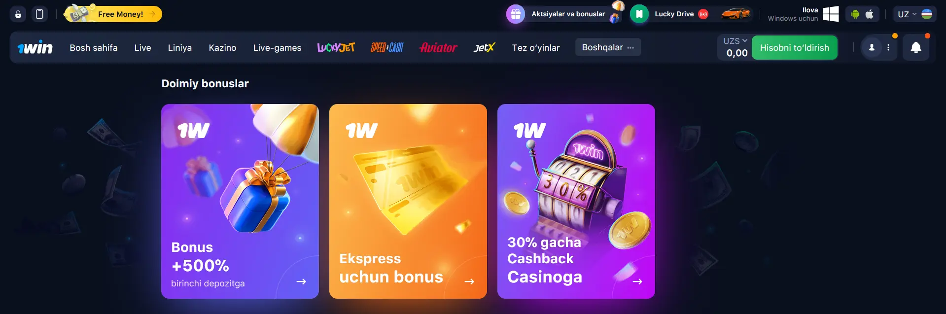 1Win da bonuslar va aksiyalar