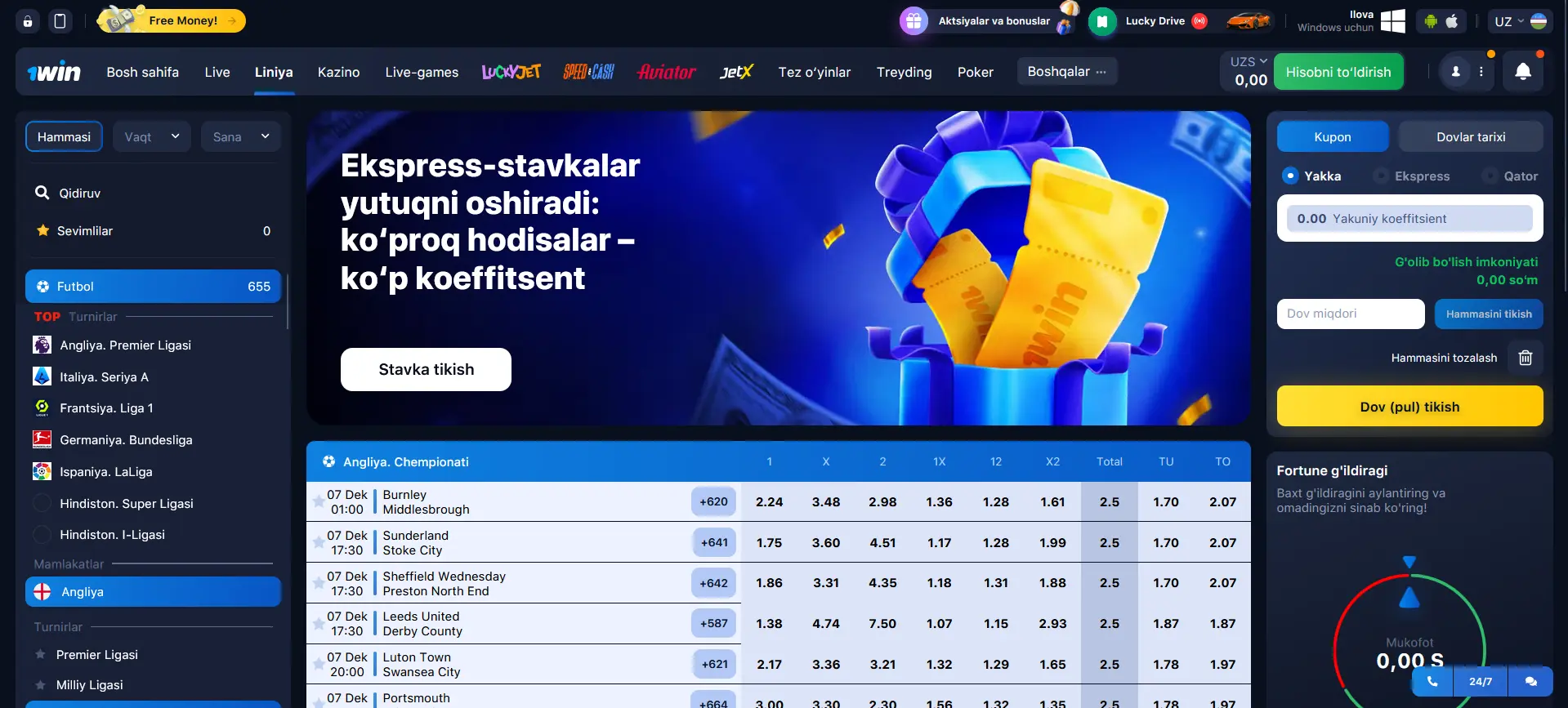 1Win da futbolga pul tikish