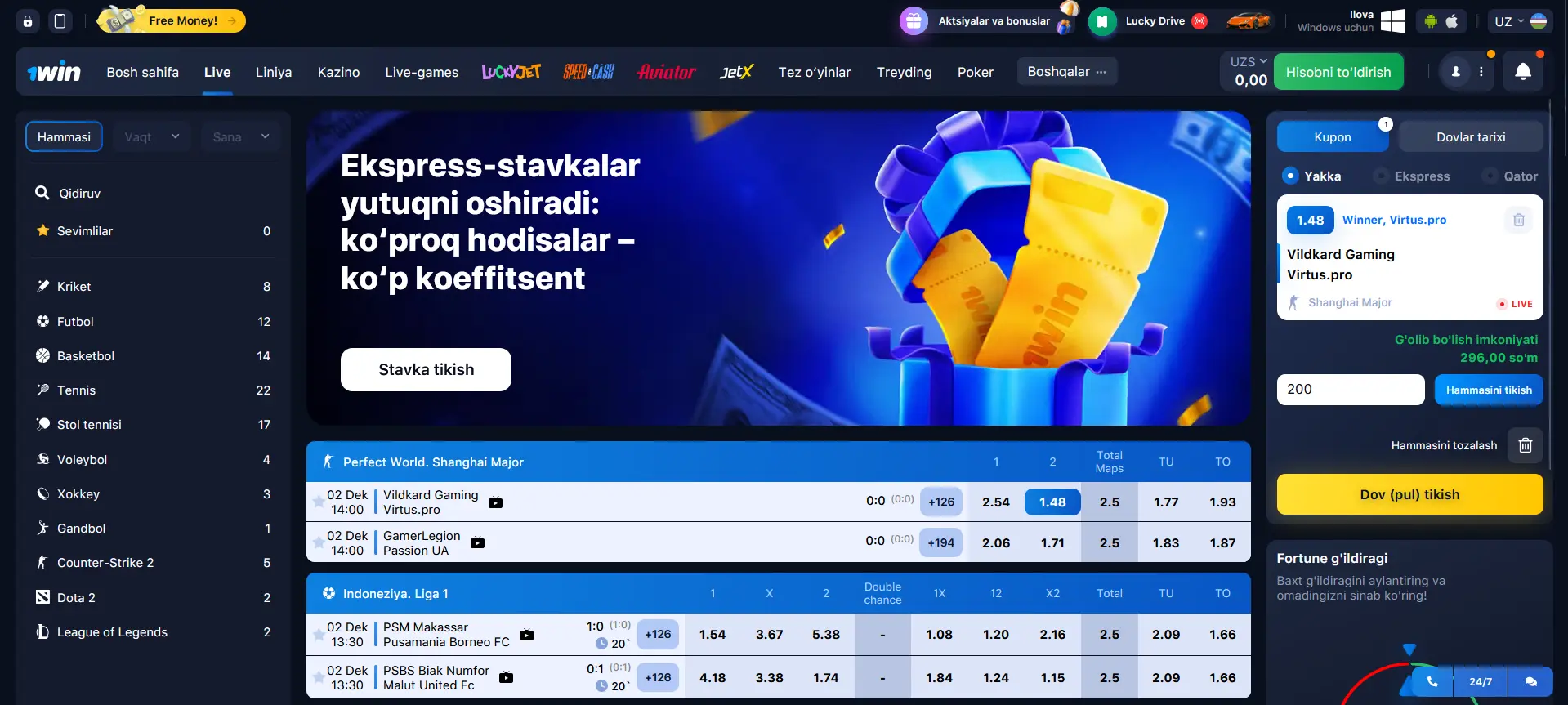 1Win da jonli pul tikishlar