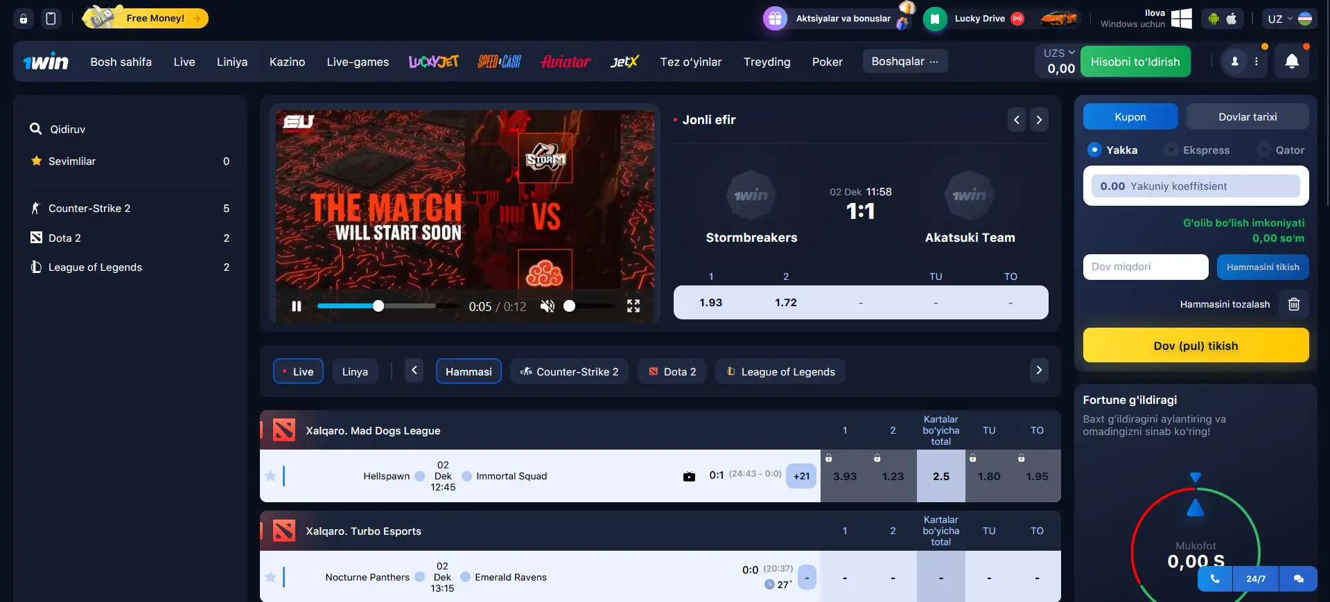 1Win da kibersportga pul tikish