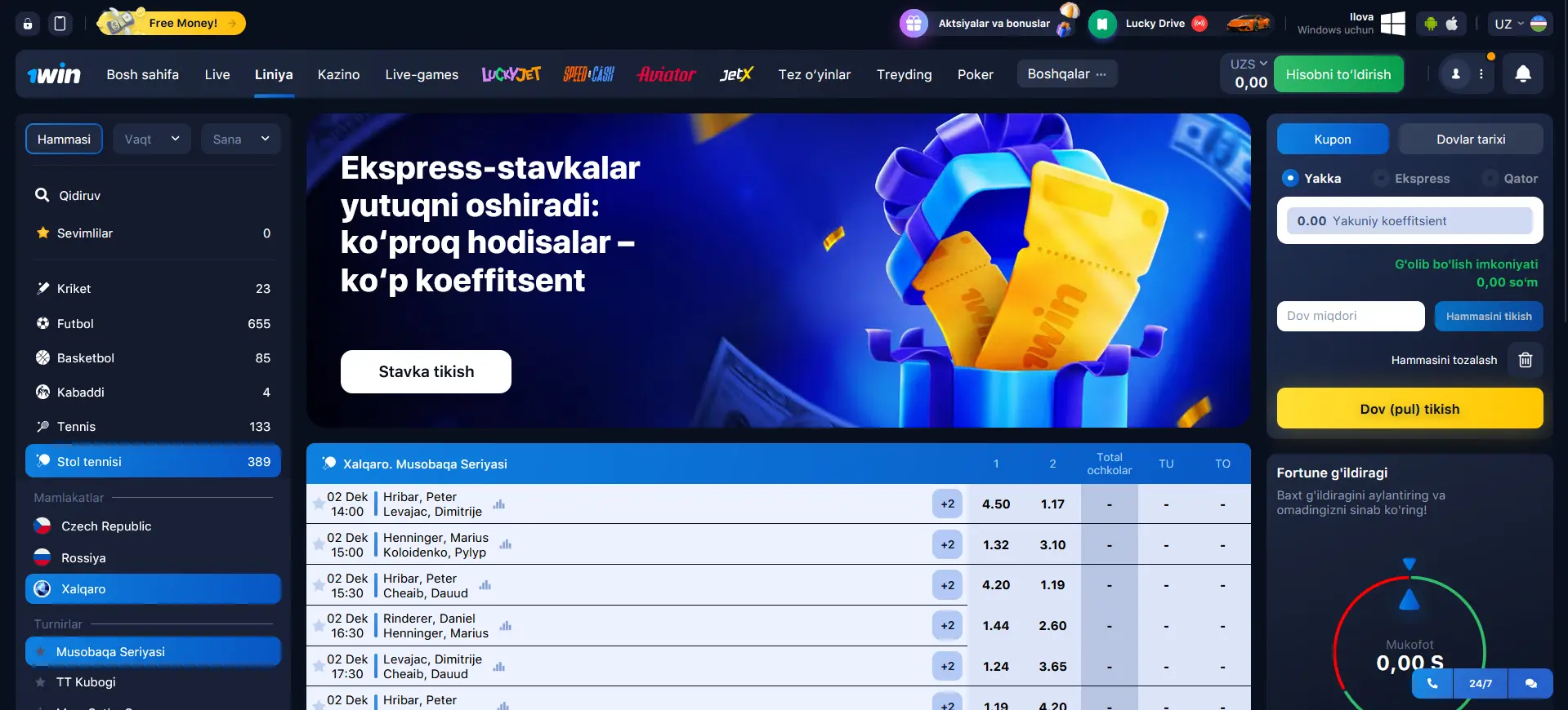 1Win da stavka qilish uchun mavjud bo'lgan sport turlari