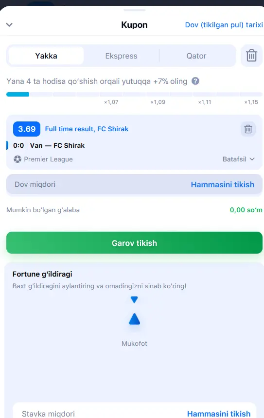 1Win mobil ilovasida pul tikish jarayoni