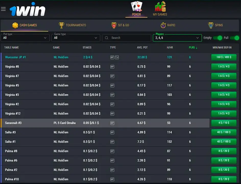 1Win Poker xonasi interfeysi