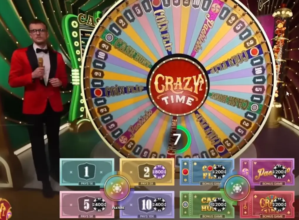 Crazy Time o'yinida o'yin taxtasi va ko'paytirgichlar