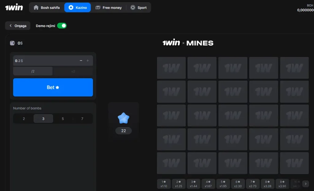 Mines'dagi garov menyusi va maydoni Mines'dagi garov menyusi va maydoni